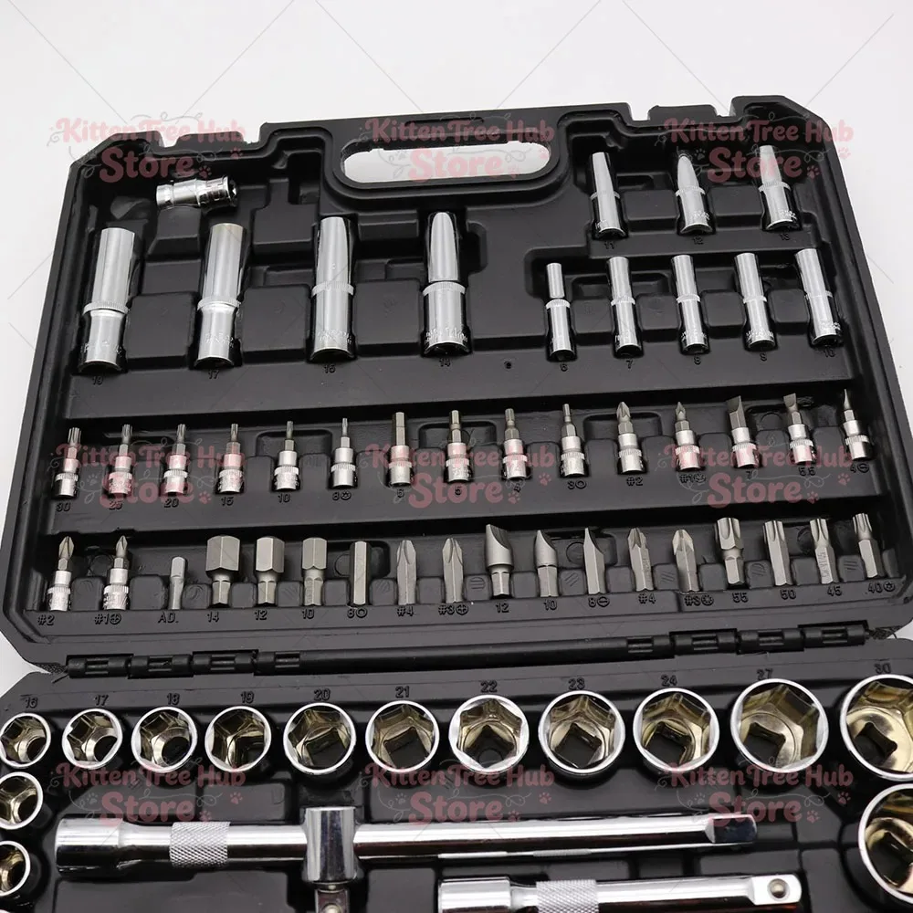 Automotive Tool Set 94 Piece Zinc Plated Socket Wrench Kit 1/4 1/2 Drive with Screwdriver Bits Case for Car Home Garage Repair
