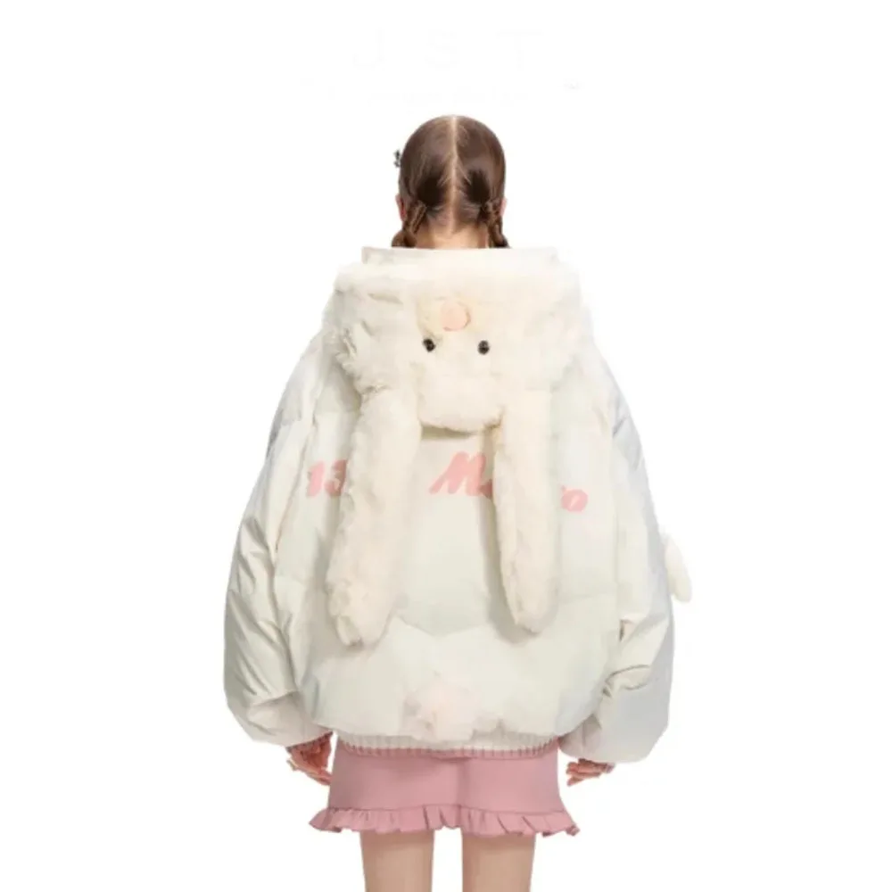 White Cute Rabbit Ear Cotton Jackets Women Tops Thicken Bat Sleeves Little Bear Hooded Quilted Women Coat Clothes Winter Outwear