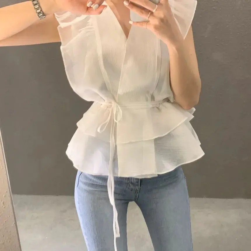 Temperament Lace Up Top Ruffled V-neck Sleeveless Shirts Blouse Women Blusas Femininas Elegantes 2024 Chemises Femme