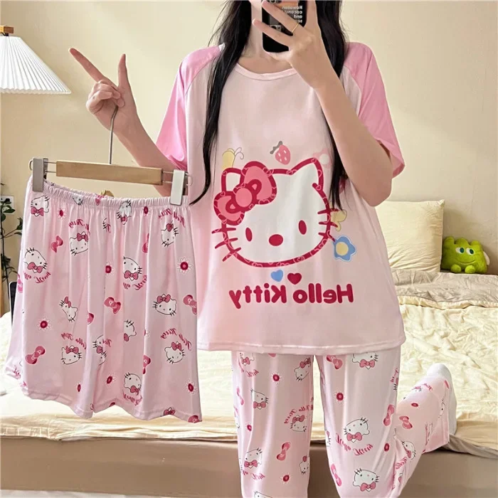 

3 шт. Hello Пижама Kitty аниме Kawaii Sanrio Cinnamoroll шорты с коротким рукавом брюки Симпатичные Мультяшные Kuromi печать одежда для отдыха