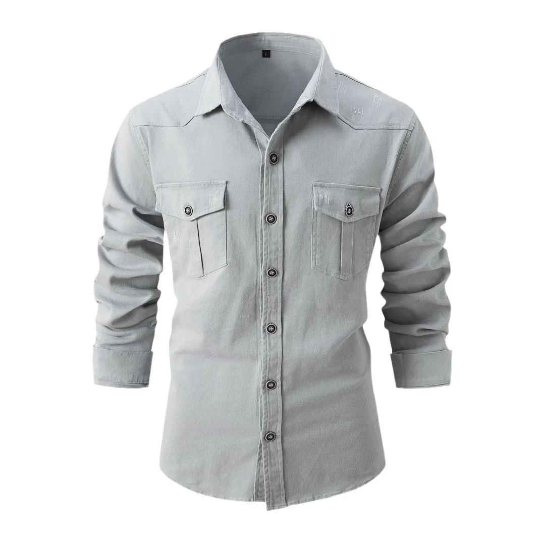 Autumn Men's European Size Long Sleeve Shirt Casual Comfortable Fit Three-Dimensional Frame Figure Lapel Straight Tube Tops