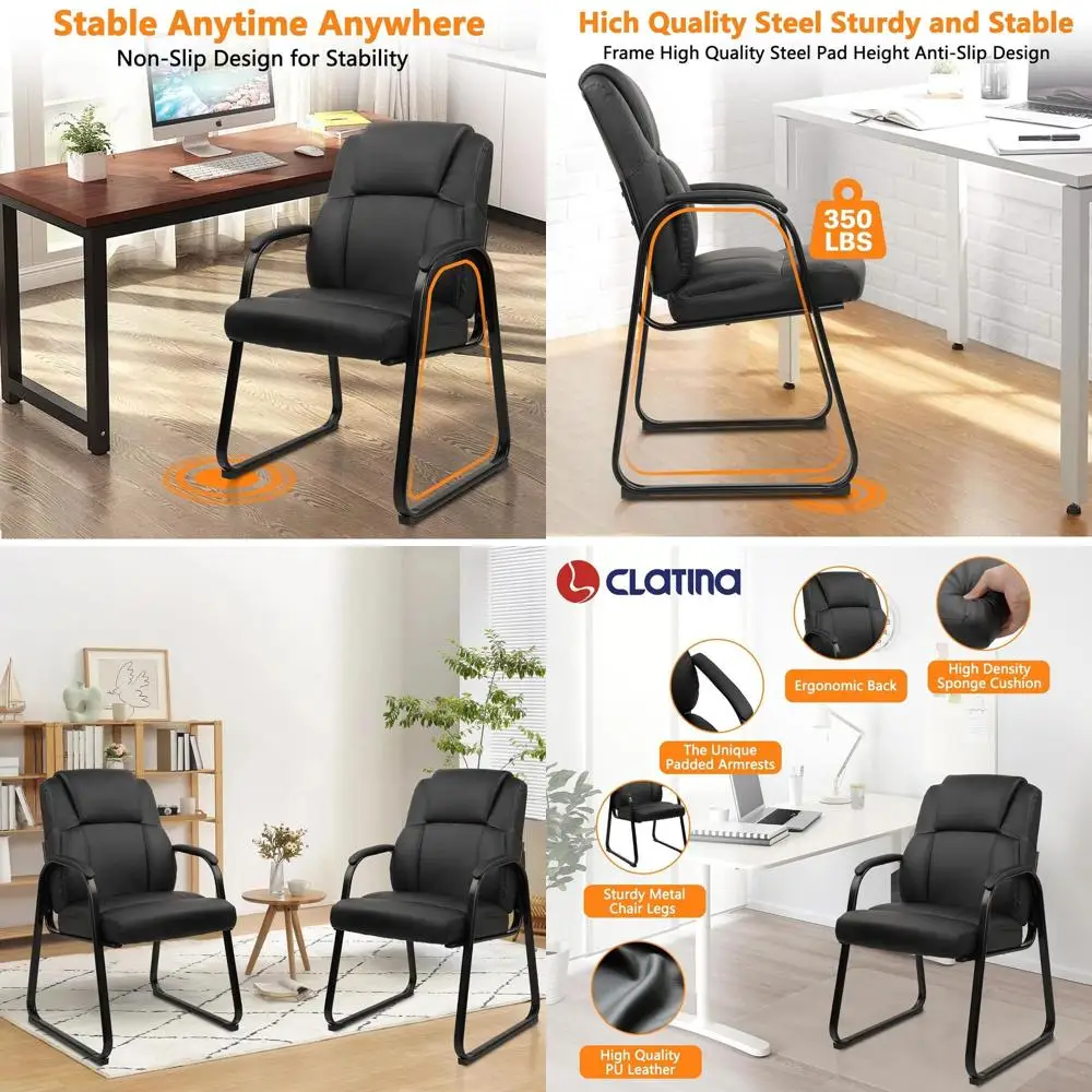 

Leather Upholstered Guest Chairs without Casters, Padded Armrests, Sleek Sled Base for Office, Meeting Rooms, and Home, Black