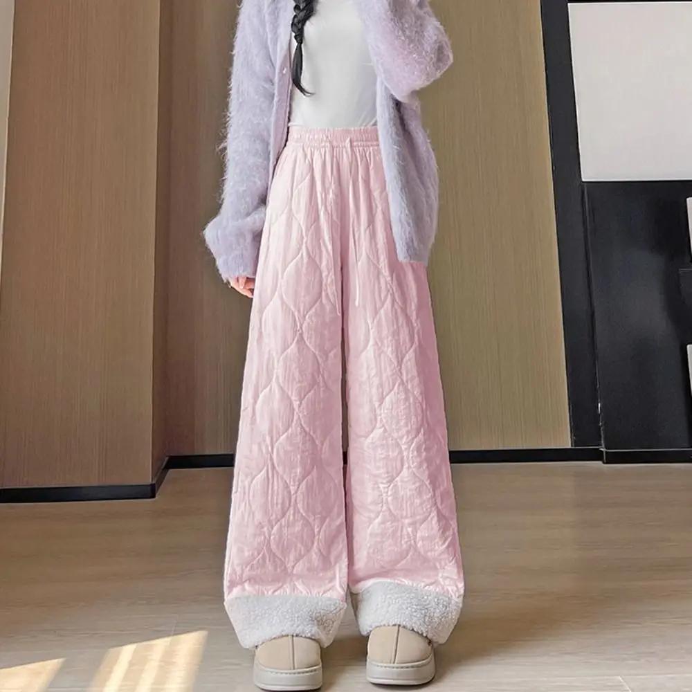 

Solid Wide Leg Thick Flannel Pants Causal Simple Basic Snow Pants High Waist Warm Baggy Straight Trousers Women