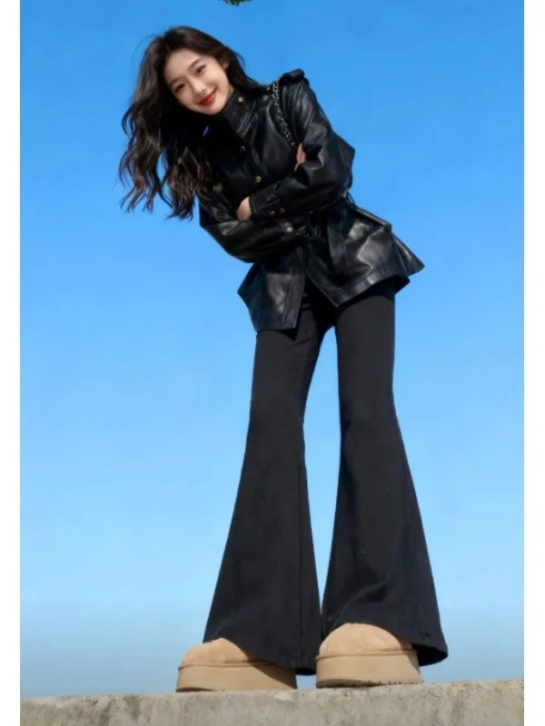 Slim Fit Bla Leather Jaet Stand Collar Waist Cinched Korean Sle Unique Design Winter Faion Outerwear for Women