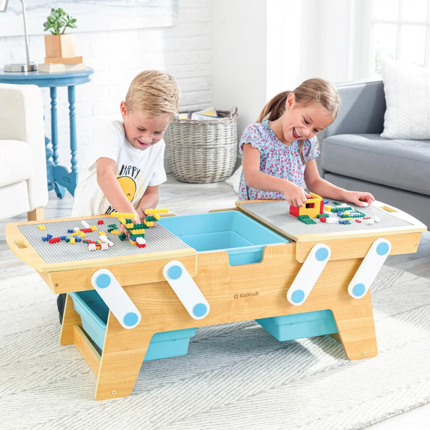 Kidkraft-Juego de bloques de construcción para niños, mesa de madera, almacenamiento de juguetes para niños con contenedores, más de 200 bloques de construcción incluidos, Natural