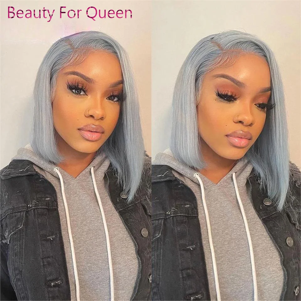 Perruque Bob Lace Front Wig Brésilienne Naturelle, Cheveux Courts Gris Argent Transparent, 13x4, 13x6, pour Femme