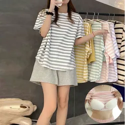 Self Chest Pad Pajamas Extra Large Size Women Striped Student Pajamas Striped Short Sleeve Shorts Easy Clean Pajamas Two Piece S