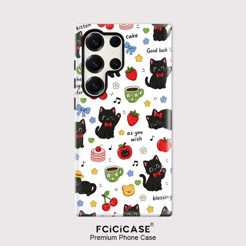 Fcicicase Cute Black Cat Case For Samsung Galaxy S26 Ultra S25 S24 S23 Plus S22 A16 A26 A36 A56 5G PC +TPU Anti-fall Cases Funda