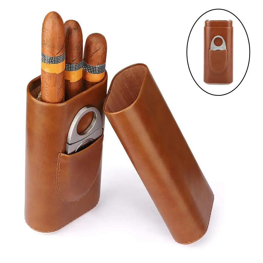 Leather Cigar Case Tube Travel Holder 3 Tube Cutter Brown