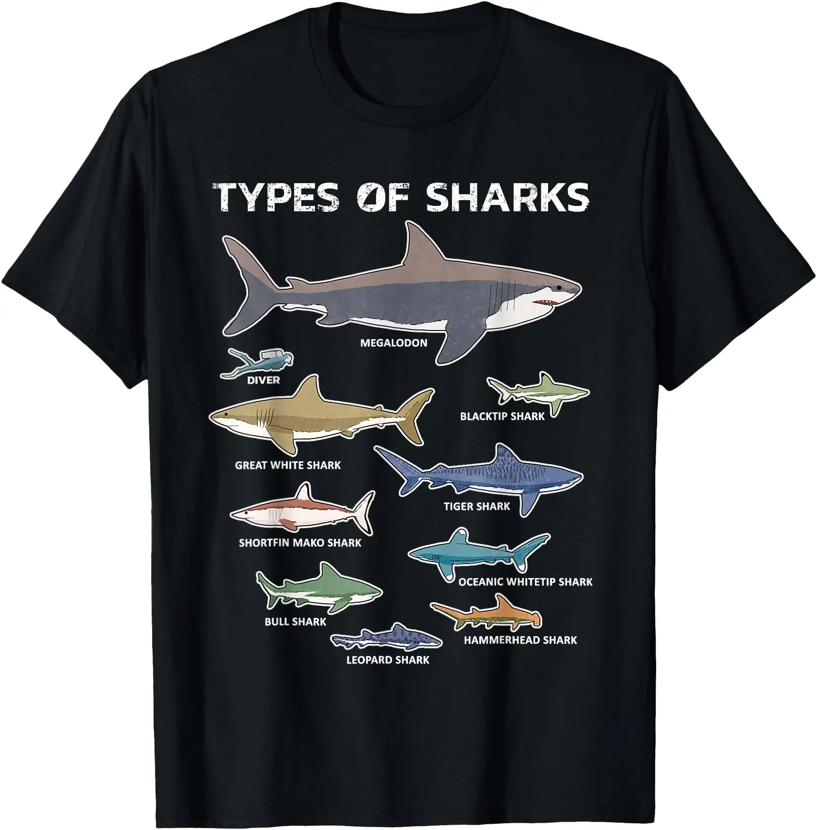 

Types of Sharks Gift T-Shirt Educational Colorful Ocean Tee100% cotton printed Graphic tee Retro Y2K clothes All size Tops S-XL