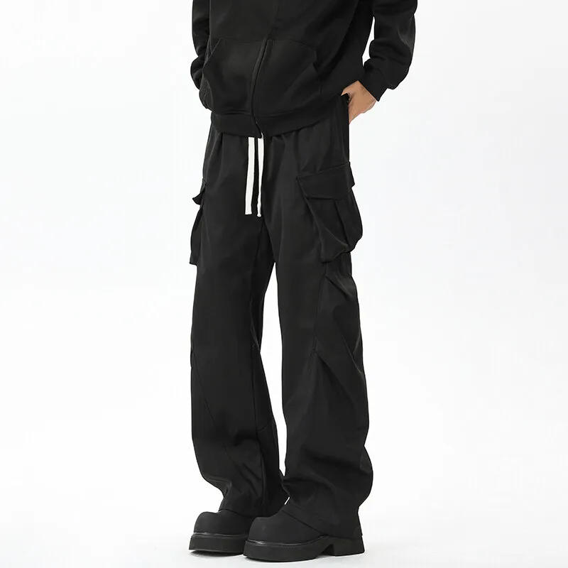 Pocket Casual Pants Men Retro Black Cargo Pants Men Japanese Streetwear Hip-hop Loose Straight Pants Mens Vintage Trousers