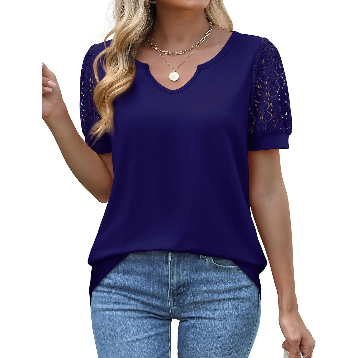 

Casual V Neck T Shirts for Women Lace Short Sleeve Curved Hem Tops Loose Fit