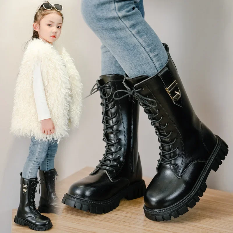 Girls Long Leather Boots Solid Color Britain Style Kids Princess High Boots Fashion Children Catwalk Buckle Boots Classic Chic