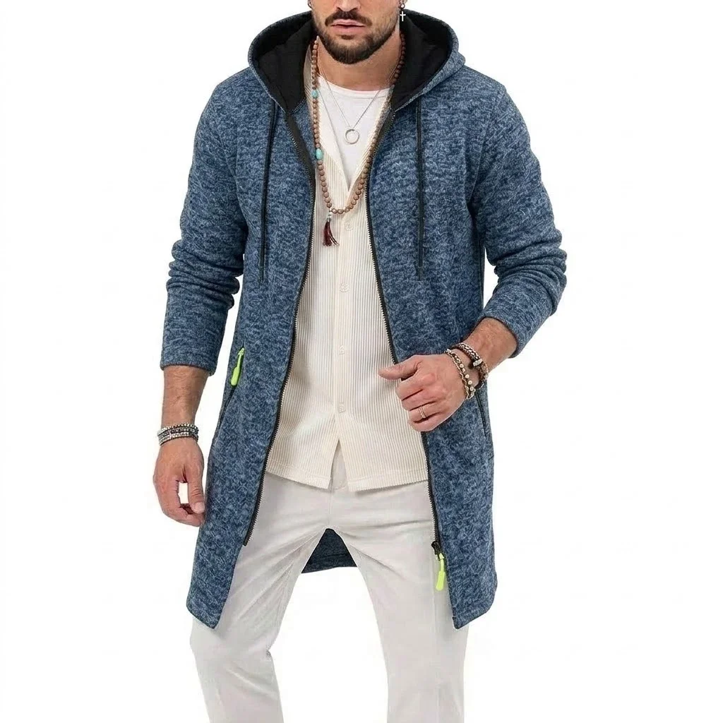 Mens Long Hooded Outer Garment Zip Fleece Lightweight Jacket Oversized Fit Open Cardigan Outer Layer Sweat Top Zippered Pockets