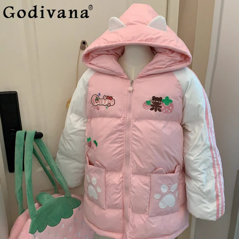 

Japanese Girls Kawaii Strawberry Print Pink Down Parka Winter New Student Warm Thickened Y2K Short Jacket Women Short Parka Coat