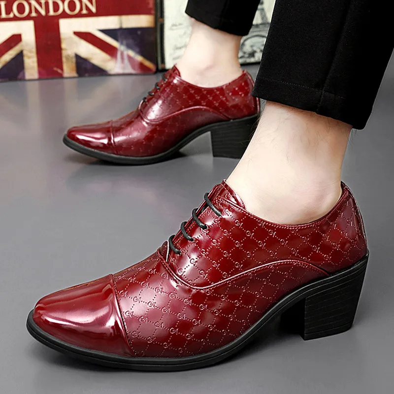 

Fashion Red Men's Social Shoe Leather Glitter Men High Heel Shoes Luxury Pointed Dress Shoes For Men Zapatos De Vestir Hombre