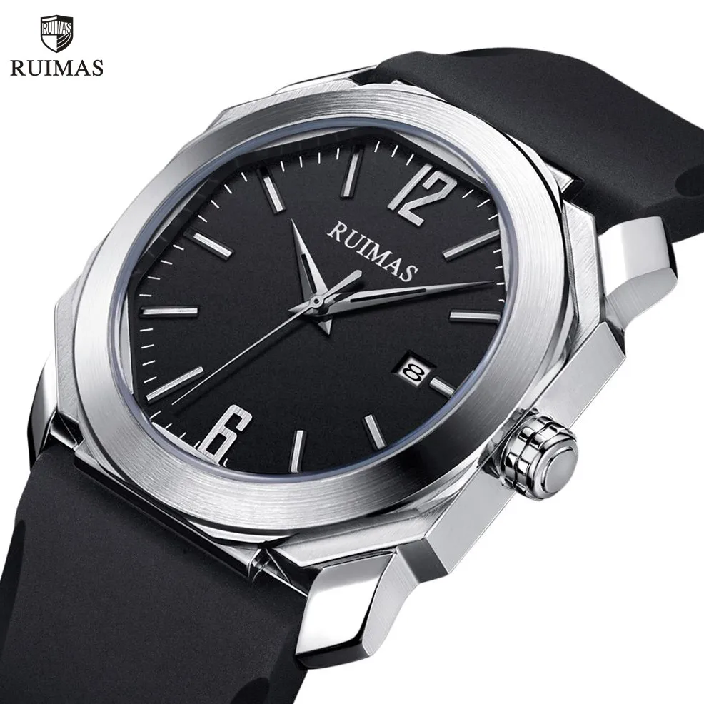 RUIMAS Luxury Silicone Band Quartz Sport Watches for Men Waterproof Calendar Casual Large Dial Wristwatch Clock Montre Homme