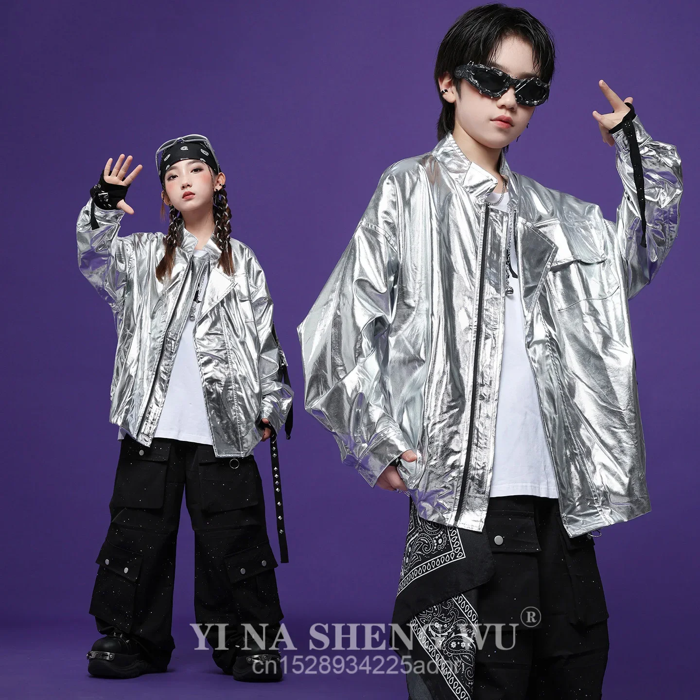 Boys Hip Hop Silver Jacket Street Dance Cargo Pants Girls Cool Streetwear Kids Jazz Clothes Sets Children Shiny Costumes