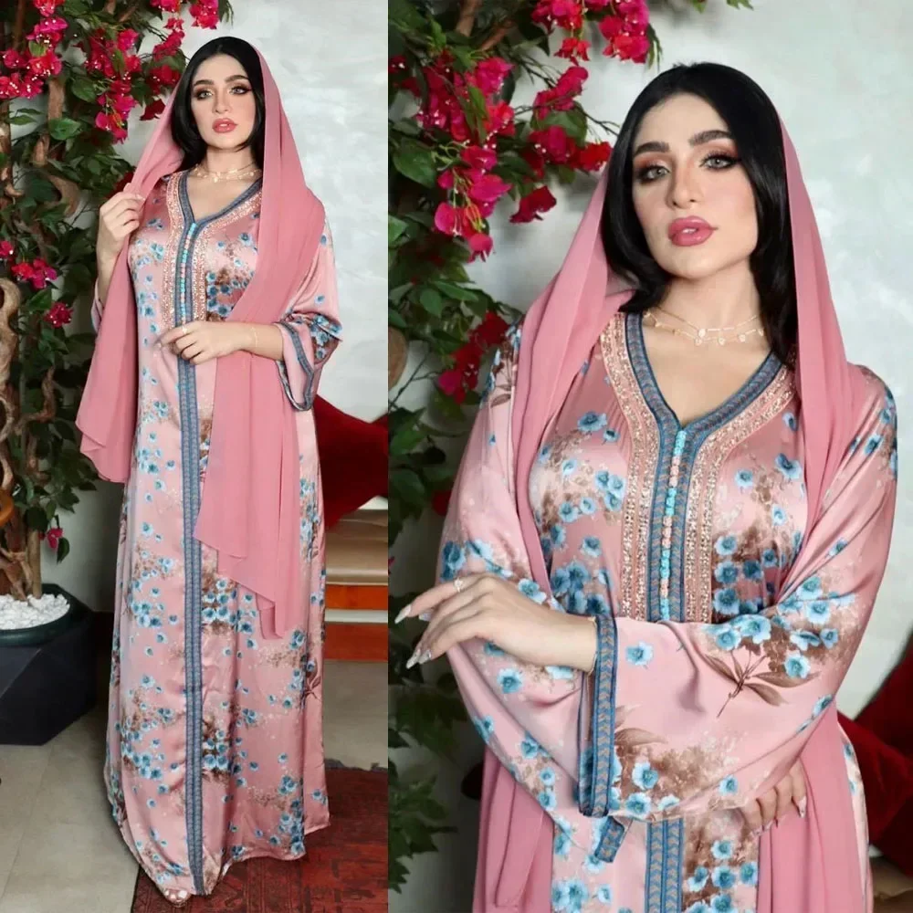 Floral Print Muslim Abaya Pink Dress Pink Hot Diamond V-neck Kebaya for Women Hijab Veil Set Islamic Djellaba Gown Robe Musulman