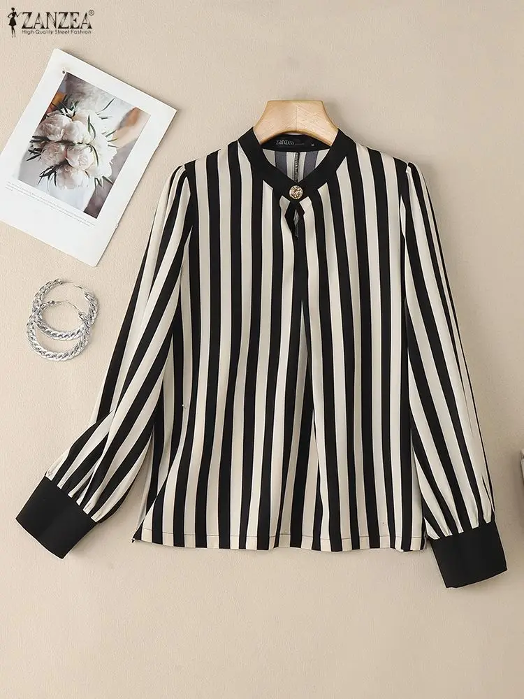 

2025 ZANZEA Autumn Stripe Blouse Office Women Tops Elegant Stand Neck Long Sleeve OL Work Shirt Stylish Tunic Blusas Mujer Femme