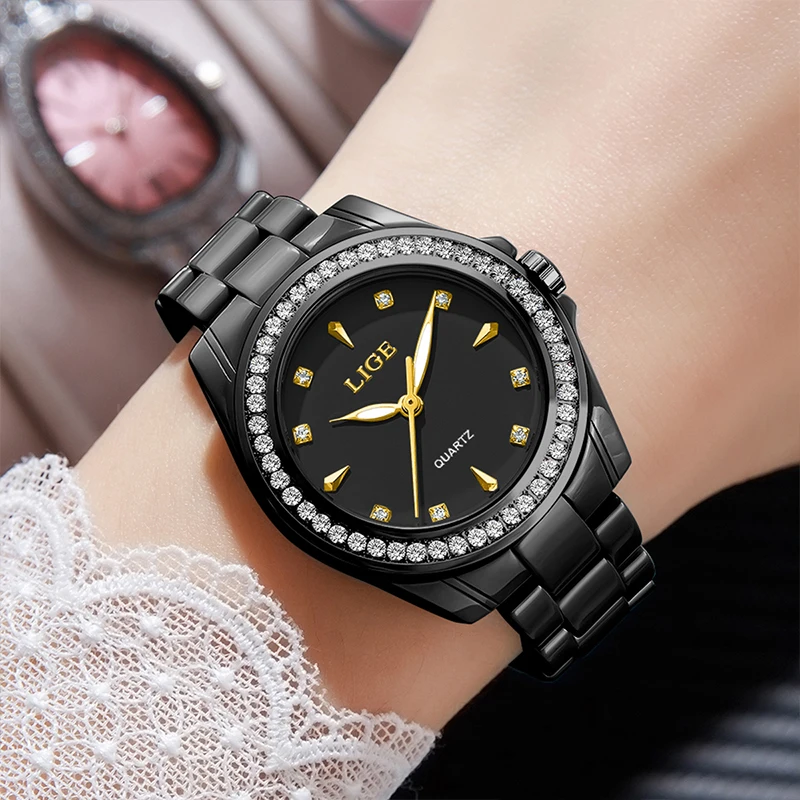 LIGE Elegant Women's Watches Ceramics Simple Diamond Waterproof Clocks Luminous Business Quartz Watch For Women Reloj Feminino