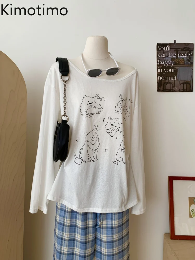 

Kimotimo Cute Puppy Printed Long Sleeve White T-shirt Women 2025 Autumn New Off Shoulder Loose Casual Tops Sheer Y2k Streetwear