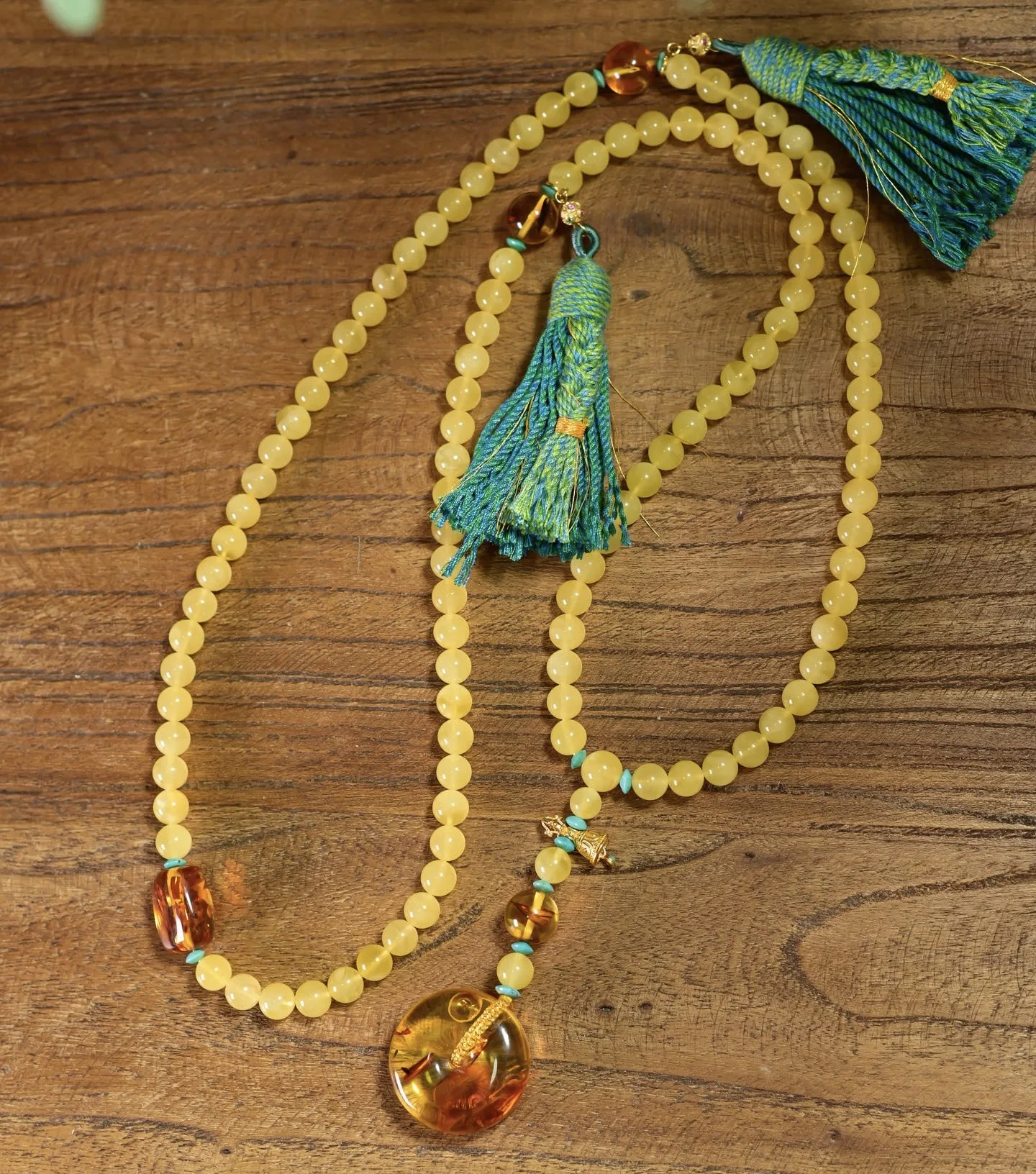 108 Natural Amber Bracelet/ Necklace/ Sweater Chain, Golden Flower Amber Peace Buckle Pendant Rope Knot, Chinese Jewelry Gift