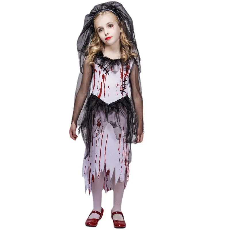Halloween Horror Bloodstained Little Girl Ghost Bride Costume Headpiece Skirt Cosplay Stage Performance Party Outfit