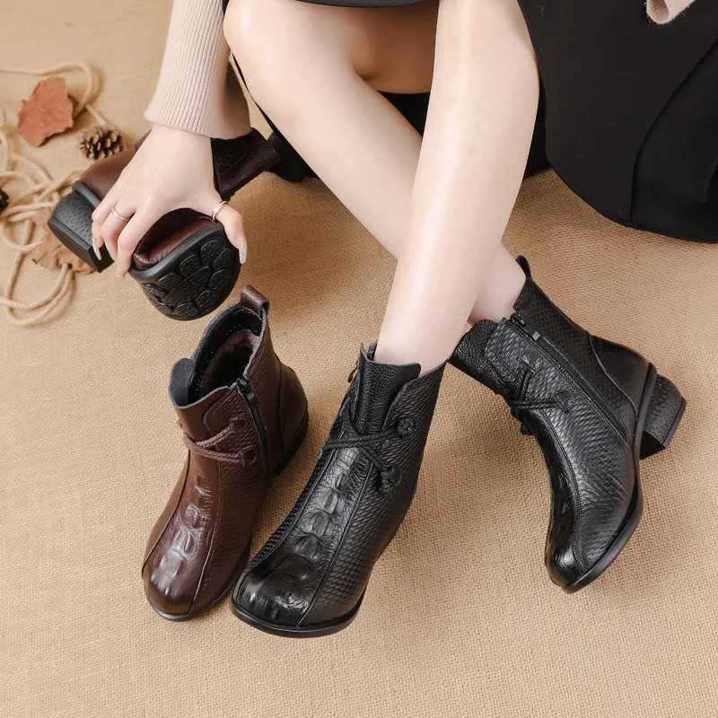 Xiuteng 2023 New Low Heel  Boots  Casual Fashion Genuine Leather Women\'s Boots Warm and Comfortable