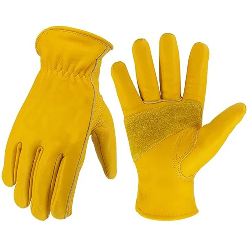1pair Flex Grip Leather Work Gloves Stretchable Wrist Tough Cowhide Working Glove Garden Gloves