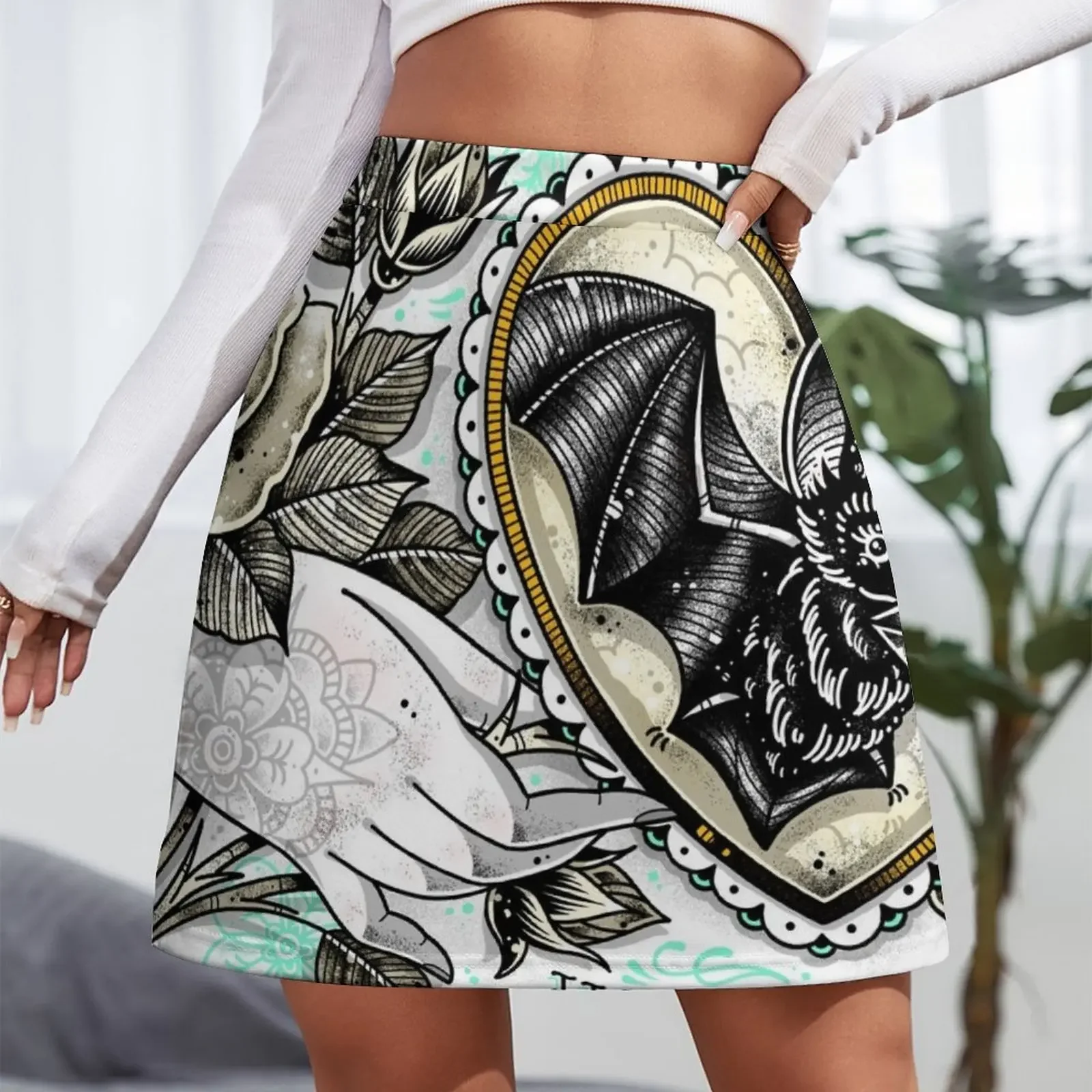 Hasten Back Vintage Style Romance Hand with Bat and Moon Lover Cute Traditional Tattoo Flash Mini Skirt