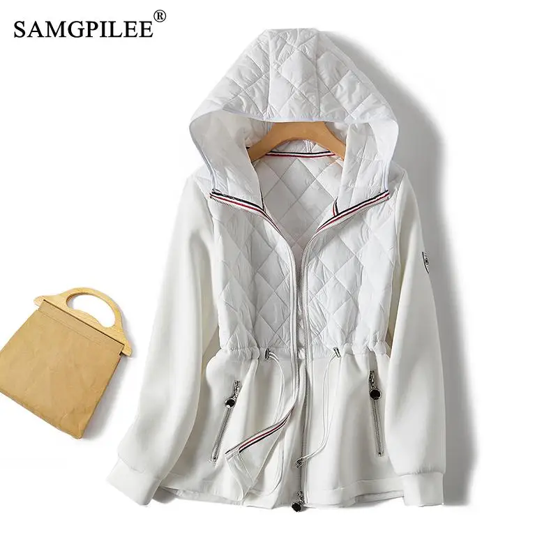 Winter Jacket Women 2022 New French Elegant Color Contrast Hooded Drawstring Waist Retracting Air Cotton Commuter Coat Woman 4XL