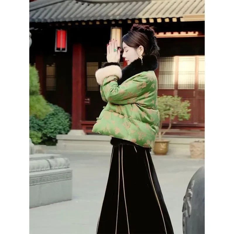 

Thickened Down Jacket Women's Winter New Style Coat Unique and Beautiful New Chinese-style Jacket High-end Buttons Retro Green