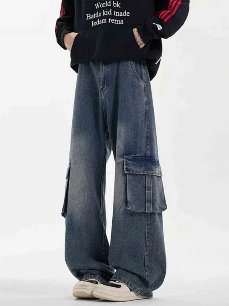 

Vintage High Street Men's Workwear Denim Pants Spring American Waed Wide Leg Pants Versatile Long Trousers Cotton Polyester...