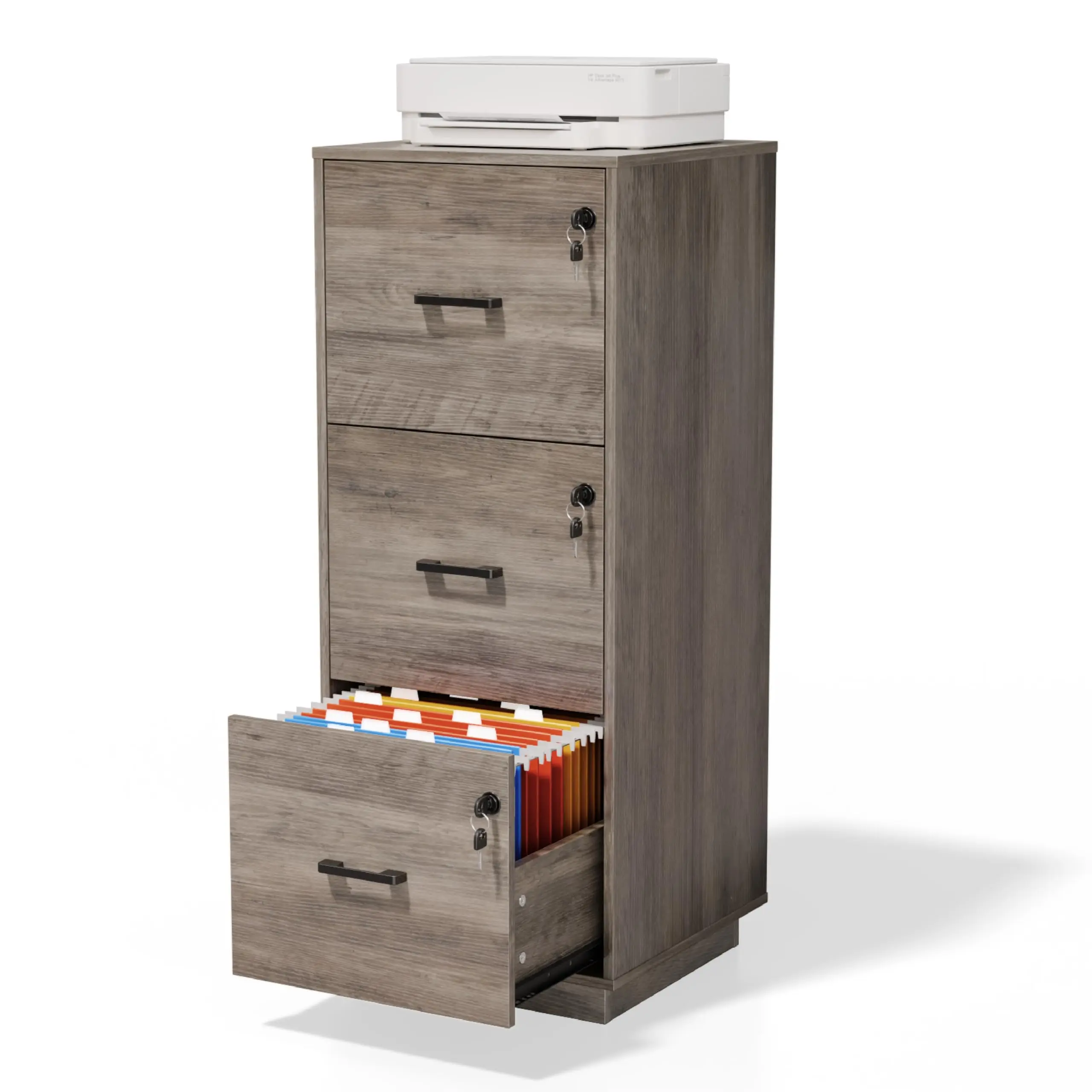 3 Drawer File Cabinet with Lock, Home Office Filing Organizer, for Letter Size File Folder Storage, Wood Tall Vertical