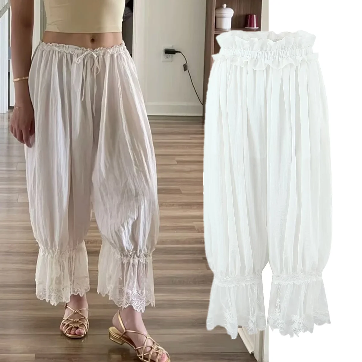 

Jenny&Dave 2026 Summer Lantern Pants Cropped Trousers Indie Folk French Elegant Lace Pants Women's Pants Woman Clothes