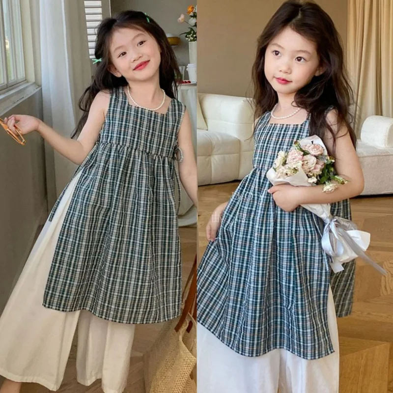 Girls' Suit Summer New Fashionable Plaid Blouse+Wide Leg Trousers2Set Children One Piece Dropshipping