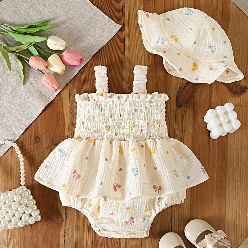 

Новинка 2026: Летний комбинезон для девочек 0-24 месяца + шляпка, без рукавов, хлопок, с принтом, для малышей и младенцев