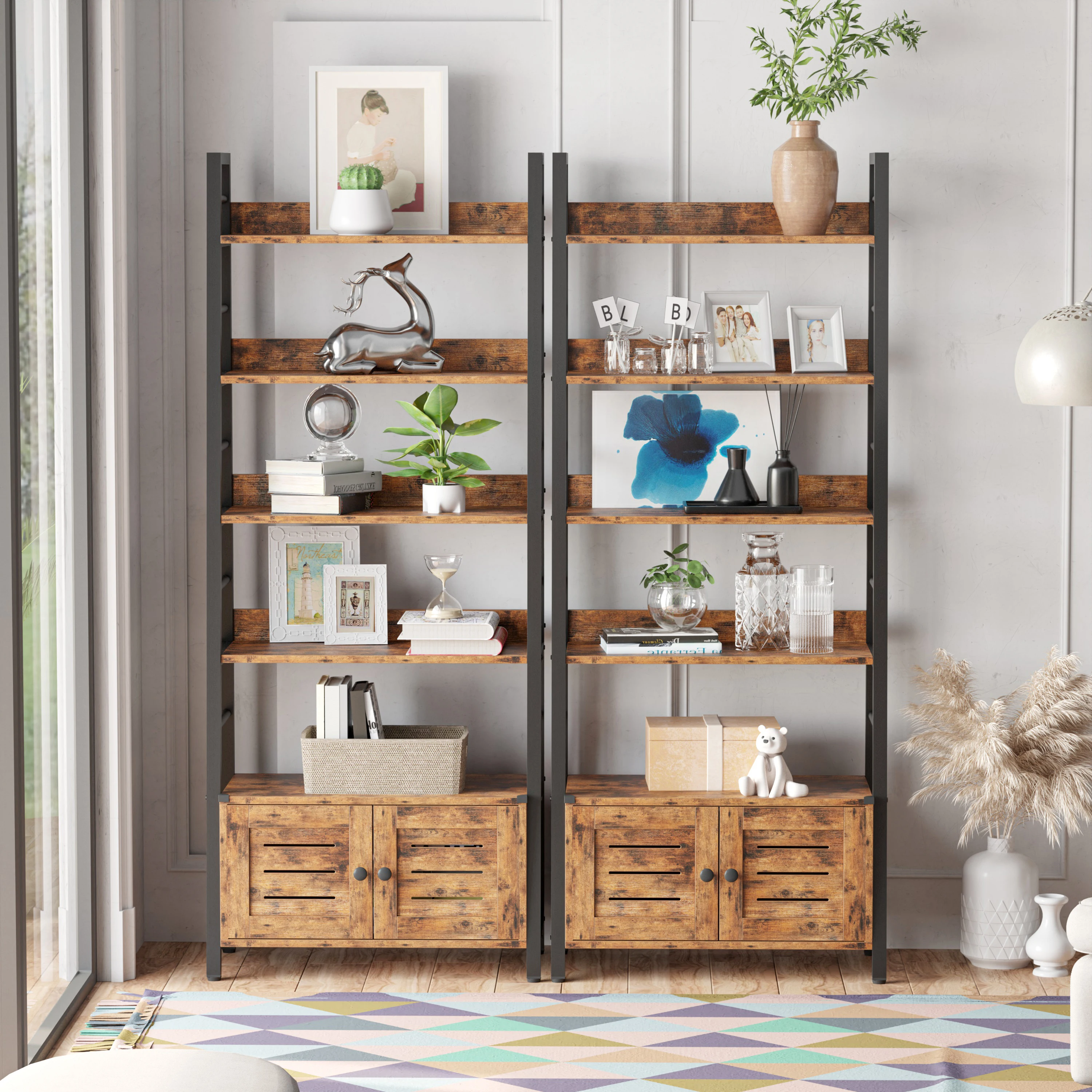 

IRONCK Bookshelf with Louvered Doors, 4-Tier Ladder Shelf with Cabinet Industrial Accent Furniture for Bedroom Living Room Home