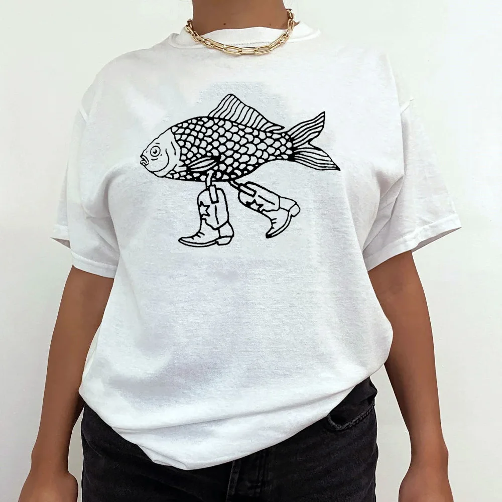 Walking Fish Printing Graphic Funny Tees Women Short Sleeve Loose Cotton Casual T Shirts White Summer Fashion Aesthetic Shirts