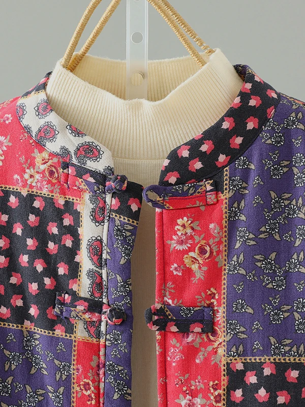 Retro Ethnic Print New Chinese Sle Floral Cotton Jaet Women's Winter Buttoned Cotton Coat Loose Fit Thiened Long Sve
