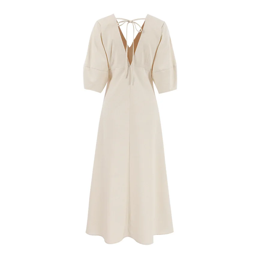 Cotton dress with wide neckline on the lower back, beige V neck with beige neckline on the belt