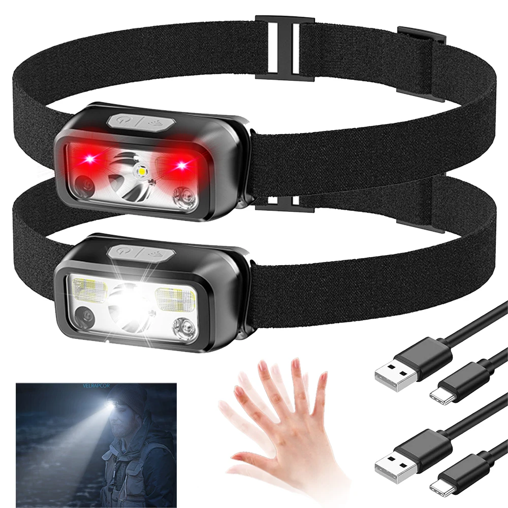 Mini LED Sensor Headlamp USB Rechargeable Head Flashlight Torch Headlights with Red Light LED 5 Lighting Modes Camping Search