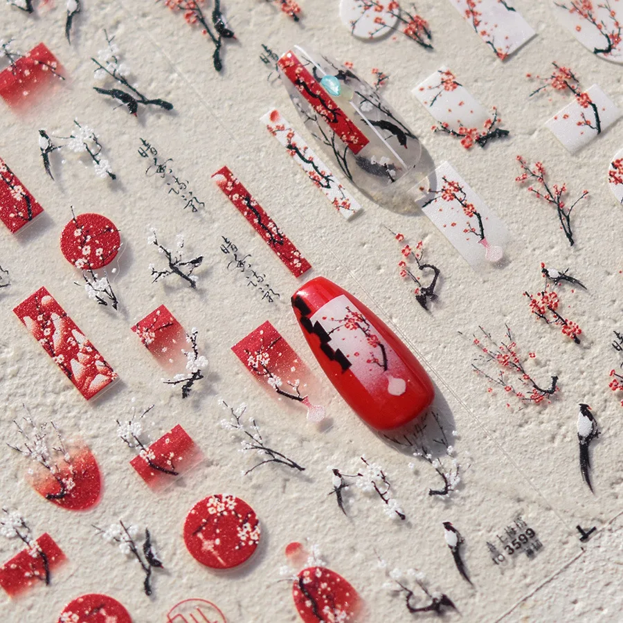 1pcs 5D Kawaii Plum Blossom Nail Stickers Fashion Chinese Flower Nail Art Decoration Self-Adhesive Decals DIY Slider Accessories