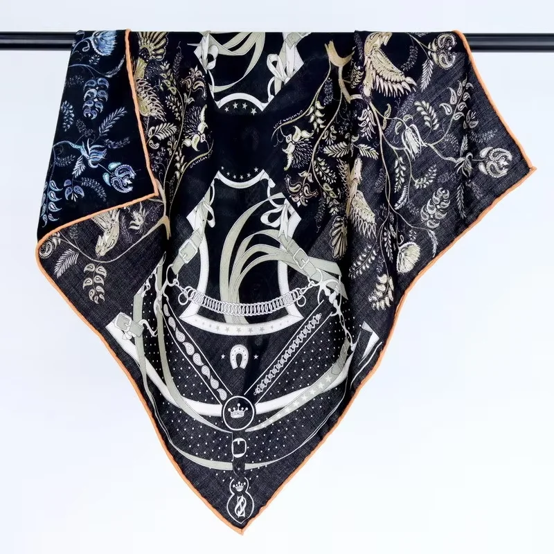 Four Grid Bird Flower Horse Harness Silk Wool Scarf 30% MULBERRY SILK 70% WOOL 65x65CM Double Face Bandana Decor Bag Shawl