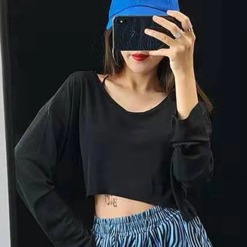 T-shirt da donna velate Hotsweet streetwear colletto obliquo casual allentato moda primaverile stile coreano top corto femminile sexy semplice quotidiano