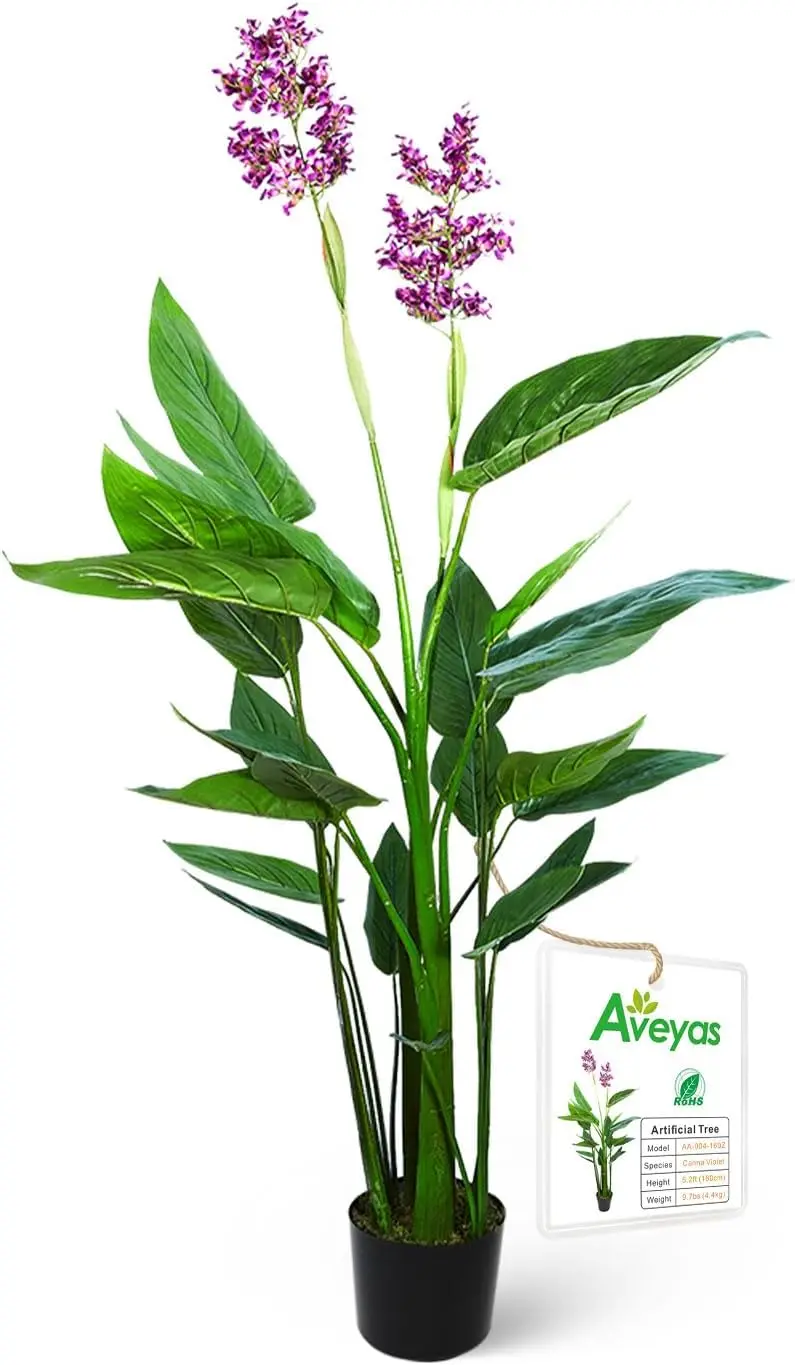 

Aveyas 5ft Artificial Canna Violet Tree with Flowers for Home Decor 5 Feet Faux Tropical Plant Fake Silk Trees with Pot Indoor