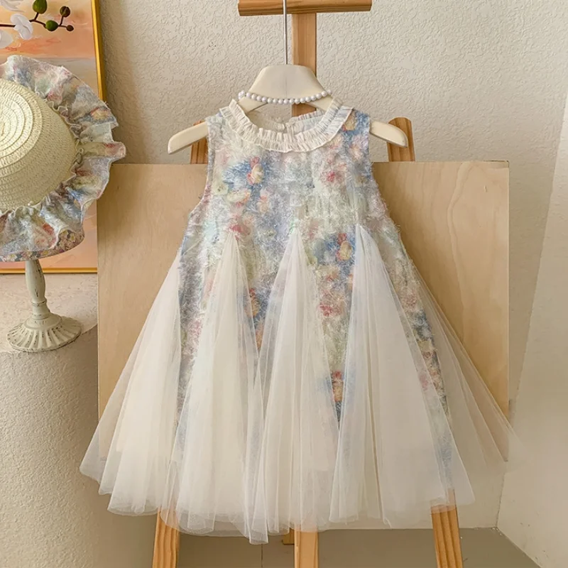 

Girls Dress Summer Children's Clothing Sleeveless Baby Kids Floral Lace Mesh Dresses for Princess Cute Elegant Clothes with Hat