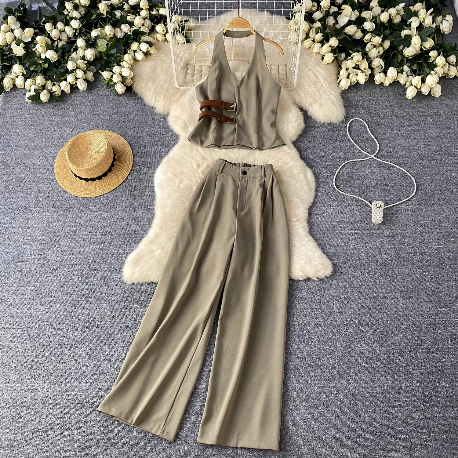 

Sexy knit Two Pieces Sets Chic halter backless Tank Top with High Wide leg pants summer sweet Full Skirt