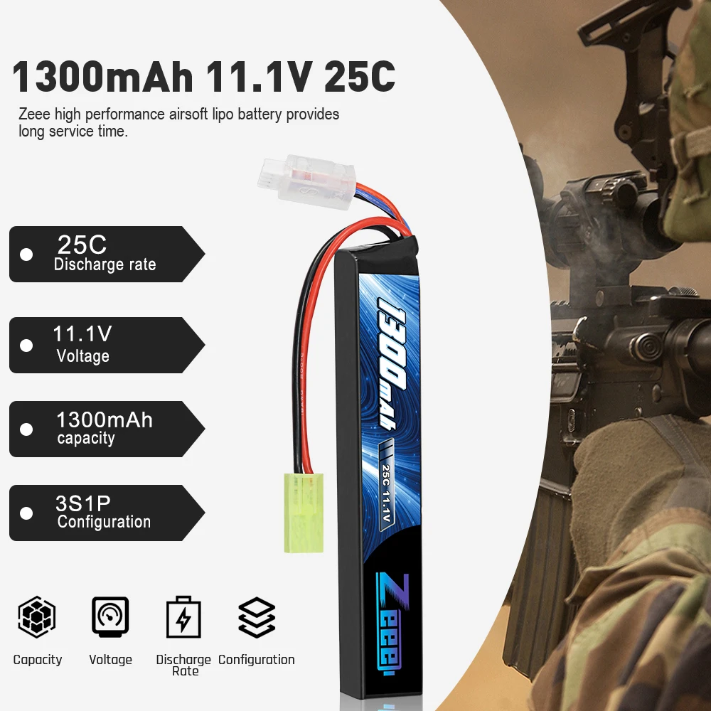 1/2Units Zeee Airsoft Battery 3S 11.1V 25C 1300mAh Stick Battery with Mini Tamiya Plug for Airsoft Guns Rifle Lipo Battery Parts